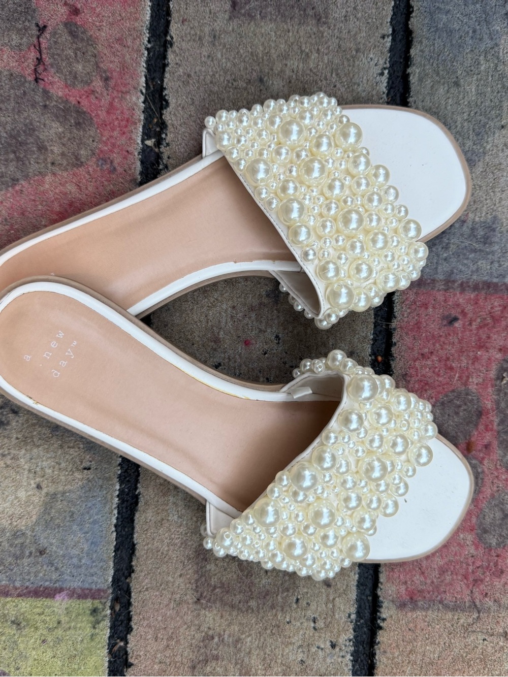 A New Day Pearl Embellished White Slide Sandals